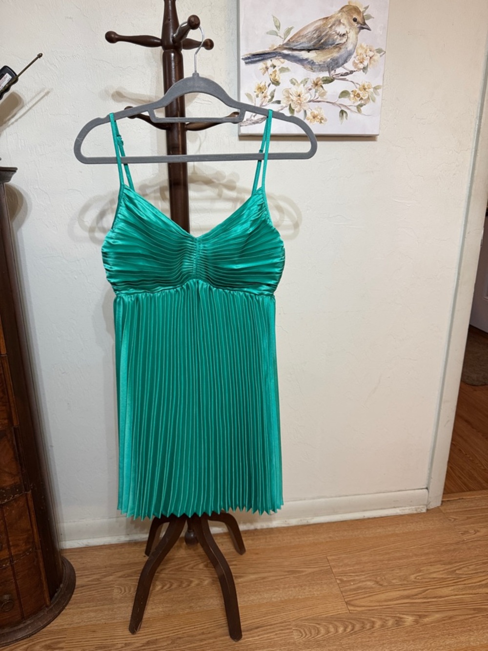 Pleated Satin Spaghetti Strap Dress in Teal Green